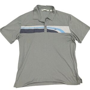 Travis Mathew Mens Gray Blue Stripe Golf Polo Shirt XXL/2XL Short Sleeve 100Poly